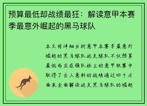 预算最低却战绩最狂：解读意甲本赛季最意外崛起的黑马球队