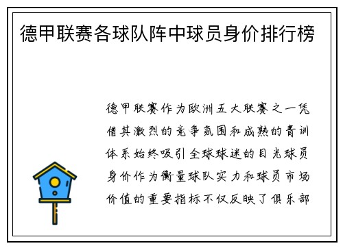 德甲联赛各球队阵中球员身价排行榜